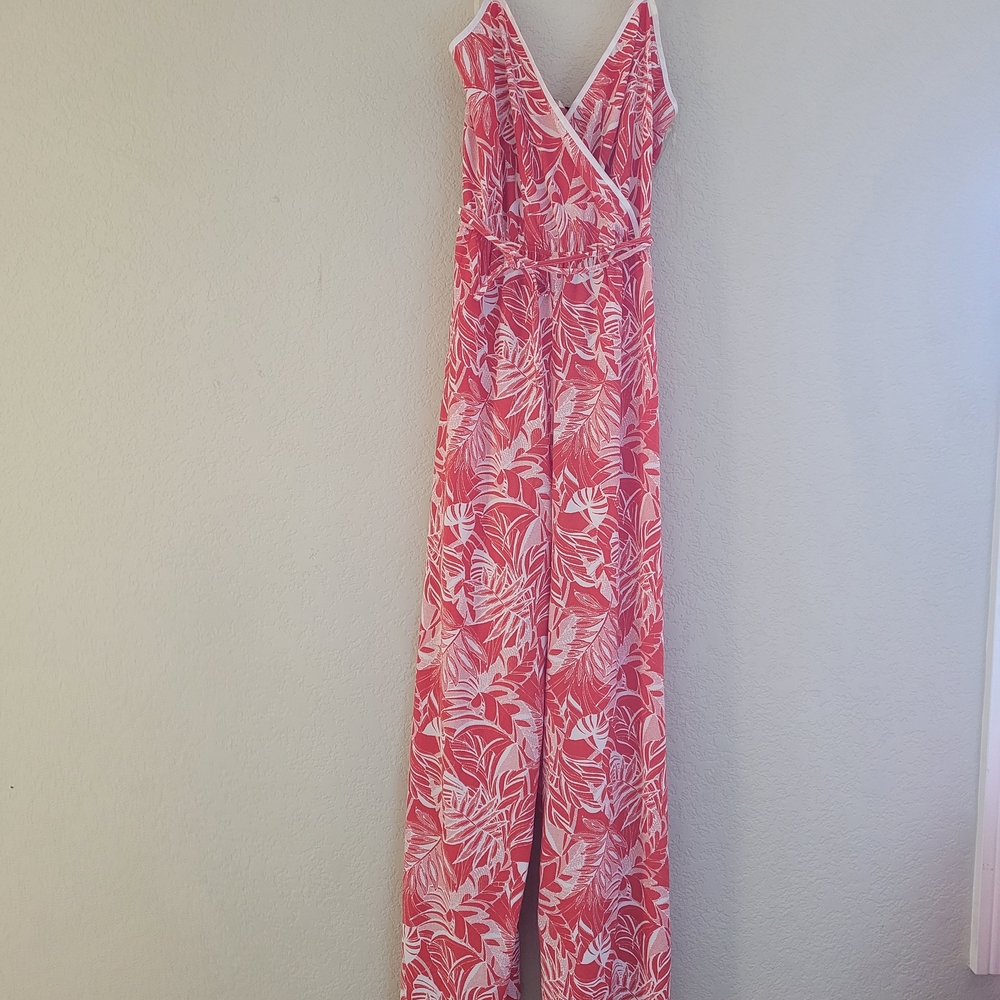As U Wish Coral and White Leaf Print Jumpsuit